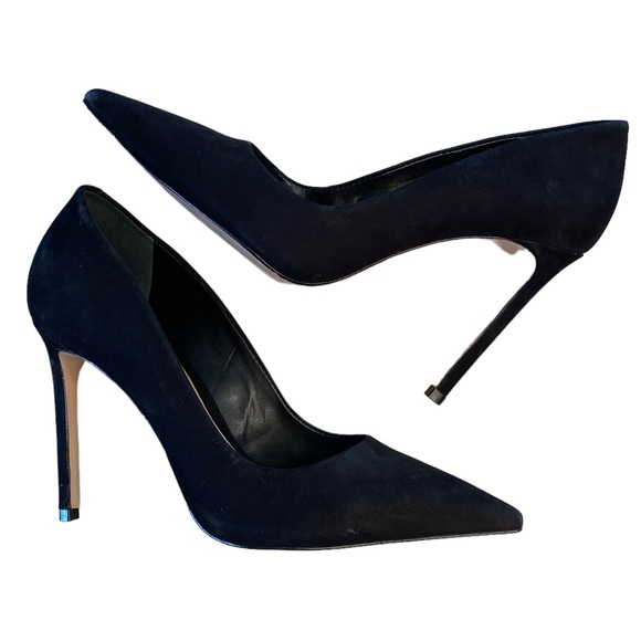 Schutz Lou Pump 4 inch stiletto heel pointed toe low vamp suede black 6.5 - Picture 3 of 16
